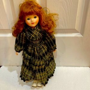 Vintage porcelain doll plaid dress bloomers shoes curly redhead blue eyes stand